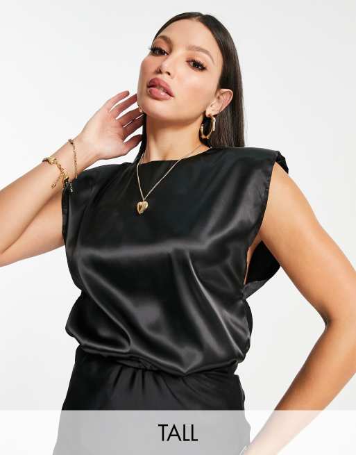 Missguided Tall shoulder pad satin top in black ASOS