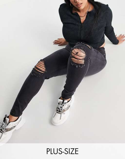 Missguided Tall – Sinner – Czarne jeansy o obcisłym kroju z podwyższonym stanem i rozdarciami