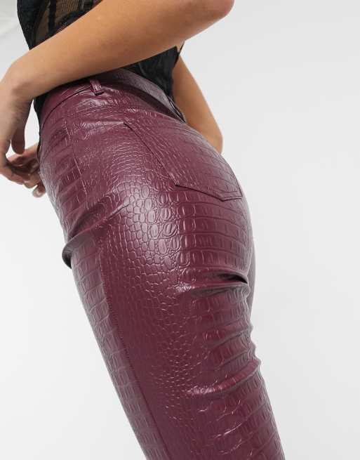 Missguided Tall - Skinny PU broek met croc-effect in bordeauxrood, 3 van 4