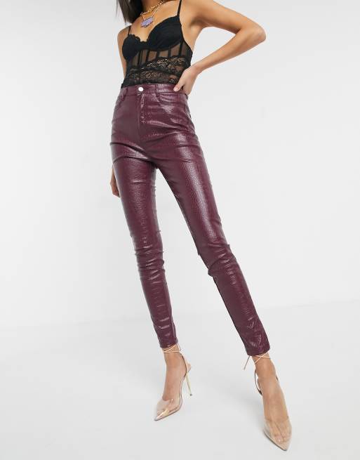 Missguided Tall - Skinny PU broek met croc-effect in bordeauxrood, 4 van 4