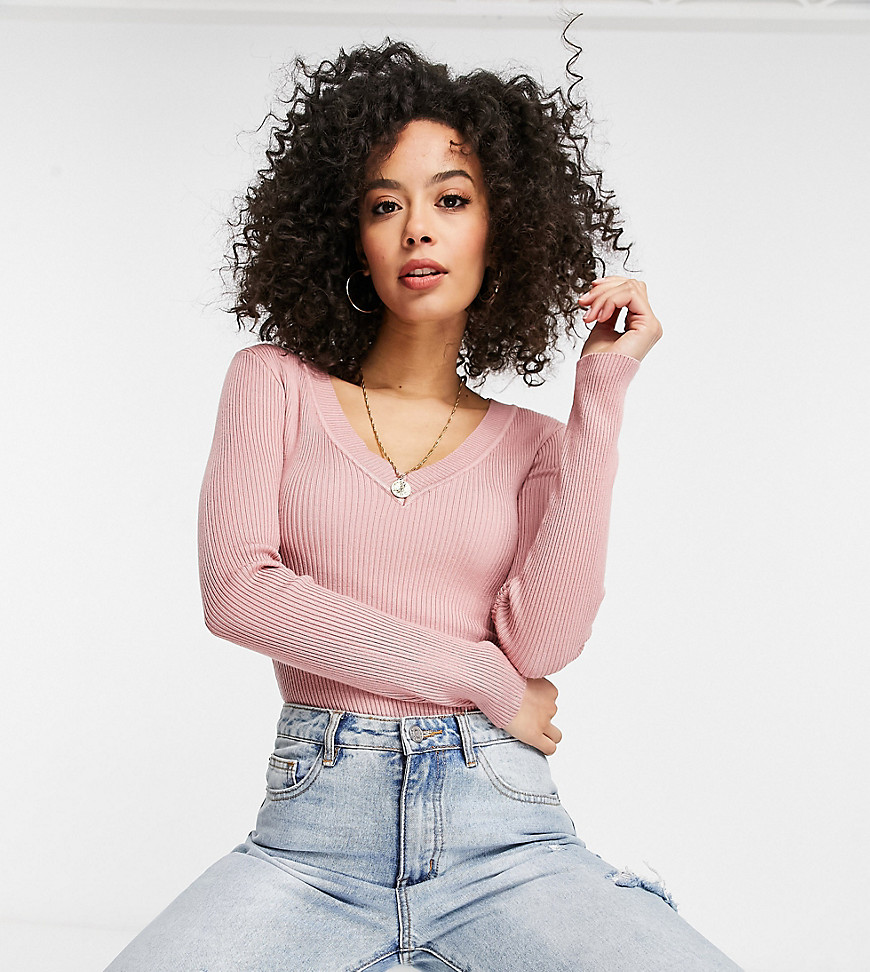Missguided Tall skinny ribbed knitted bodysuit with v neck in pink