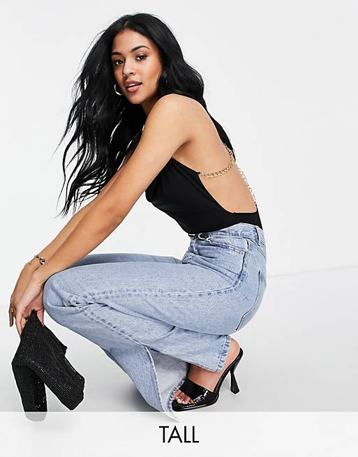 Tops Missguided Tall slinky bodysuit with chain detail in black 