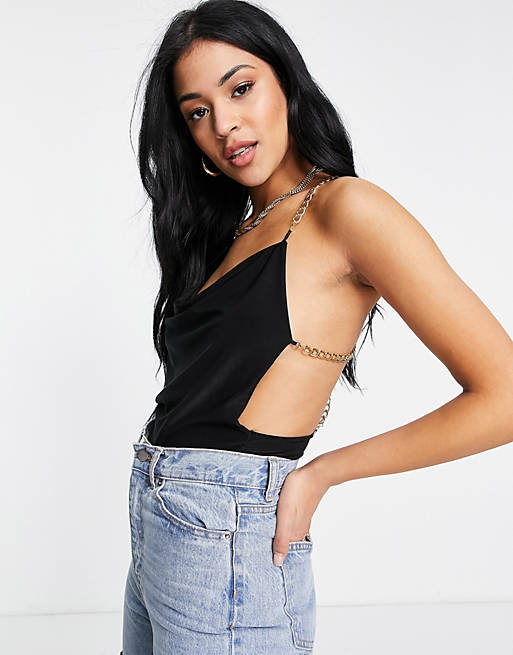 Tops Missguided Tall slinky bodysuit with chain detail in black 