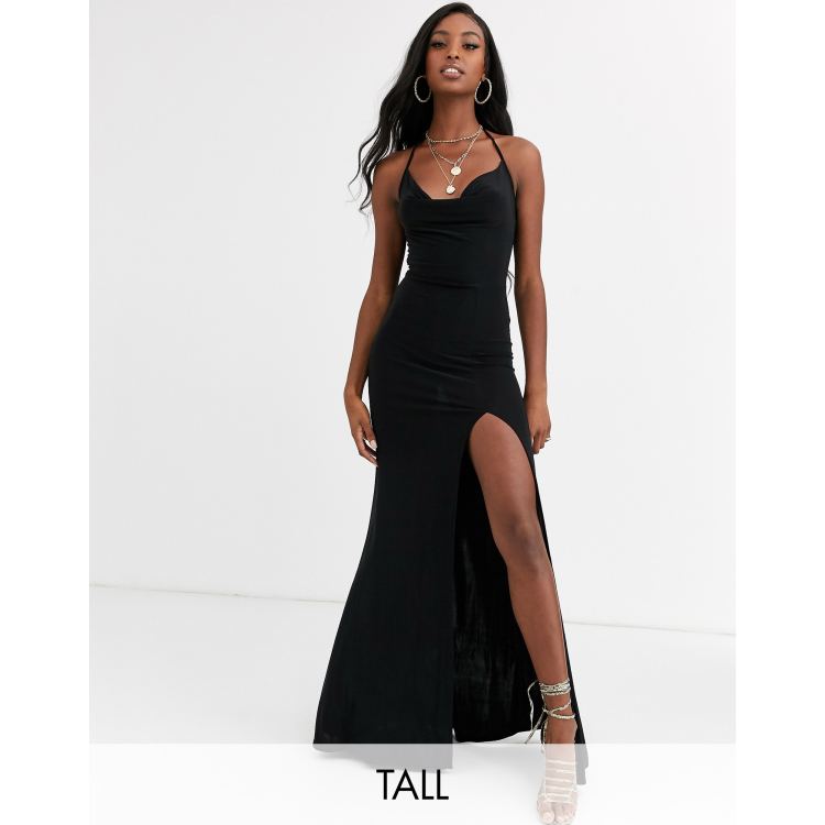Missguided Tall slinky maxi dress with thigh split in black ASOS