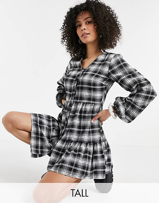 Missguided Tall smock dress with button front in black check
