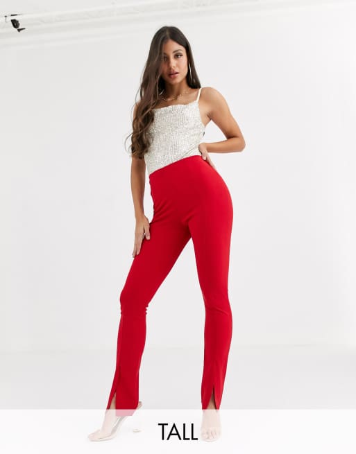 Red High Rise Cigarette Fit Pants