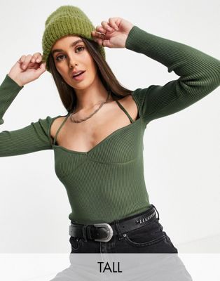 Missguided Tall square neck knit top in khaki
