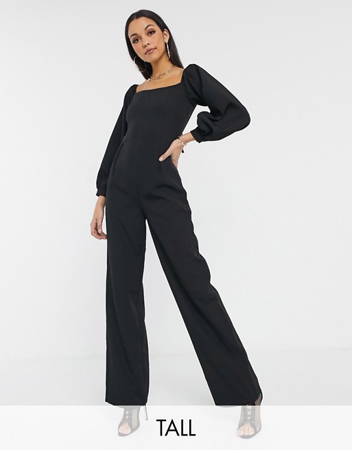 Missguided Tall square neck tie back jumpsuit in black