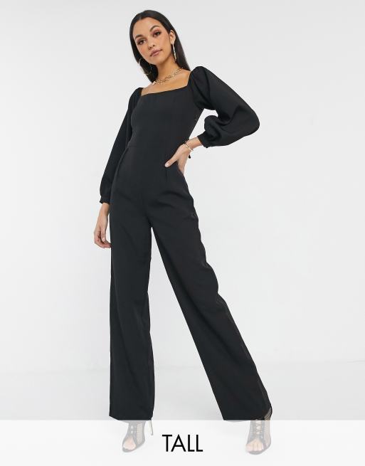 Missguided Tall square neck tie back jumpsuit in black | ASOS