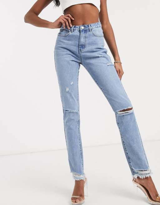 Missguided Tall straight leg jeans with rips in light wash ASOS