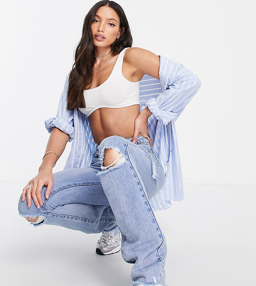 Missguided Tall straight leg jeans with rips in light wash-Blues