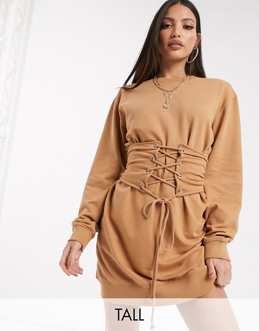 Missguided Tall sweatshirt dress with corset detail in camel