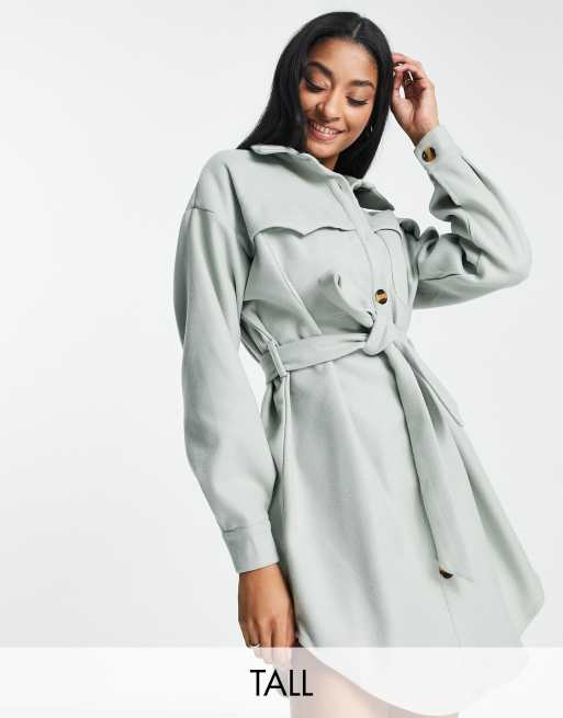 Missguided Tall – Szałwiowozielona polarowa sukienka koszulowa z paskiem