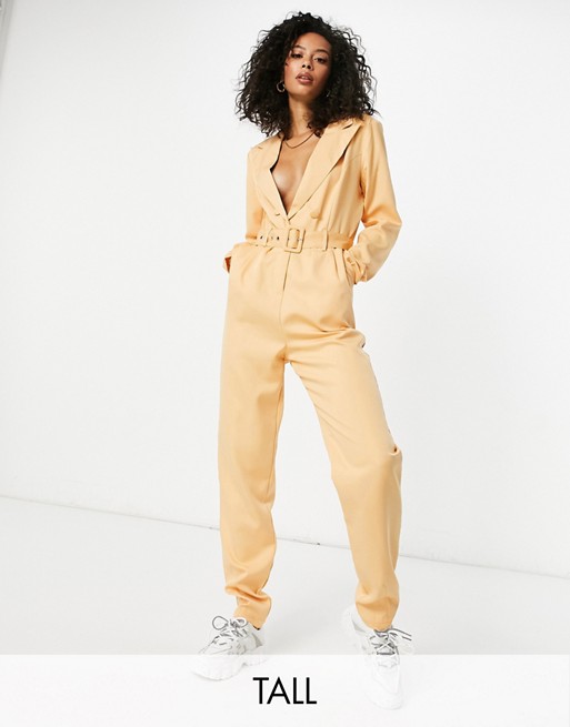 Missguided Tall tailored jumpsuit with belted waist detail in camel