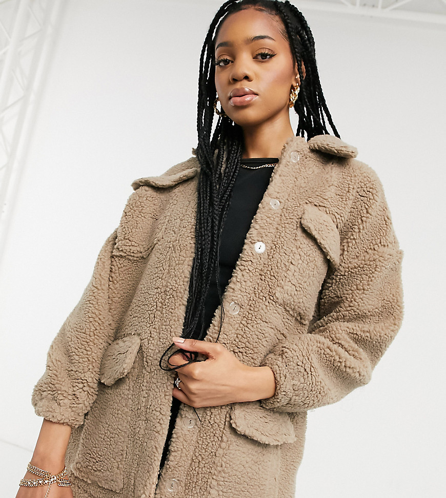 Missguided Tall teddy shacket in sand-Neutral
