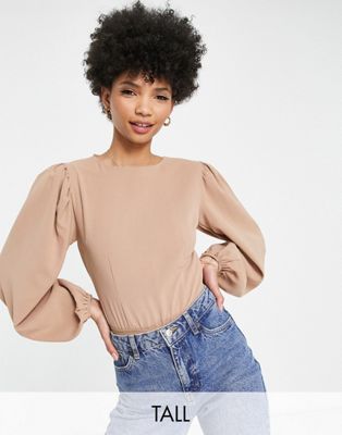 Missguided Tall tie back bodysuit with puff sleeve in camel