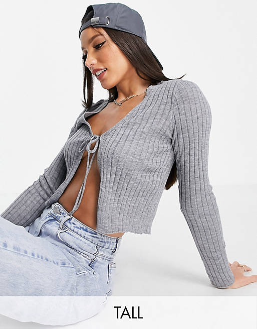  Missguided Tall tie front rib cardigan in grey 