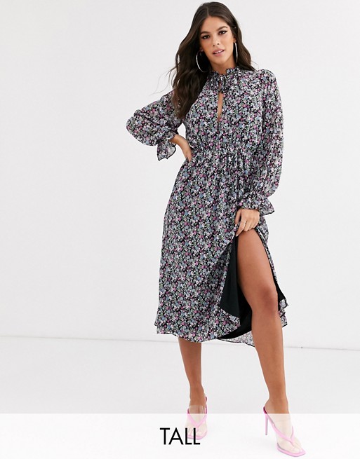 Missguided Tall tie neck ruffle midi dress in floral print