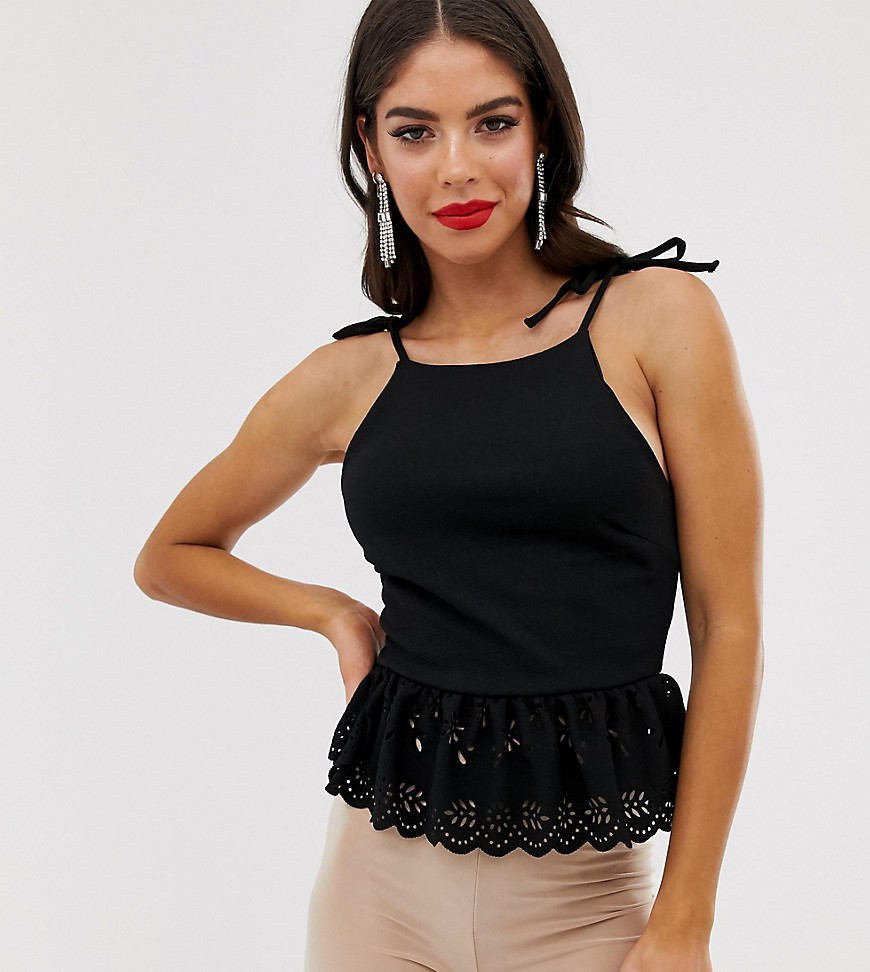 Missguided Tall tie shoulder cami top with peplum hem in black