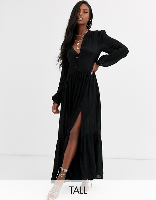 Missguided Tall tiered maxi shirt dress in black