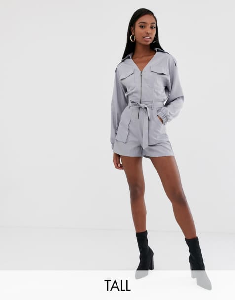 Missguided Tall utility belted playsuit in grey