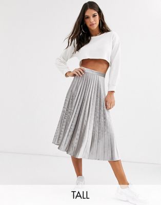 Missguided Tall velvet pleated midi skirt in silver | ASOS