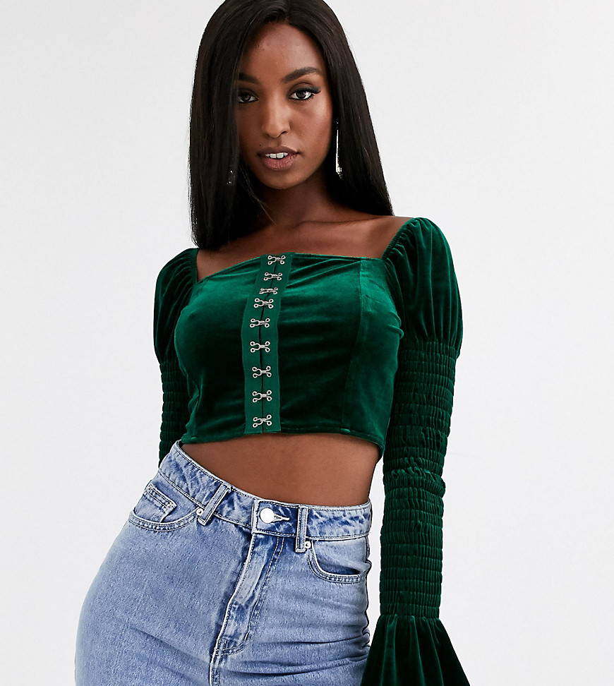 Missguided Tall velvet shirred sleeve crop top in green