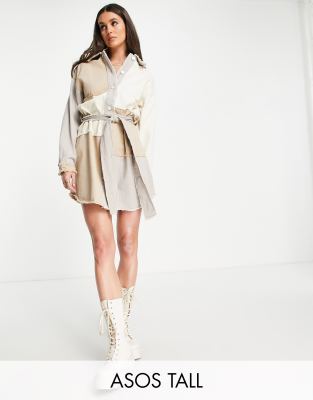Missguided Tall - Vestito camicia patchwork con cintura color pietra