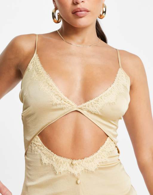 Missguided Tall - Vestito corto in raso beige con cut-out e bottoni sul davanti, 3 di 4