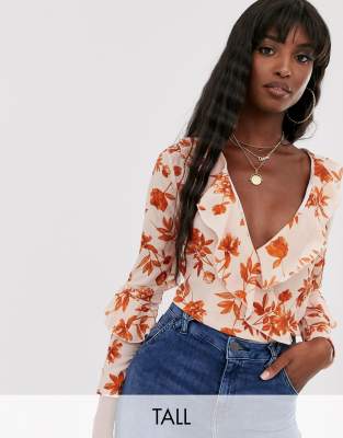 Missguided Tall wrap front bodysuit in floral-Multi