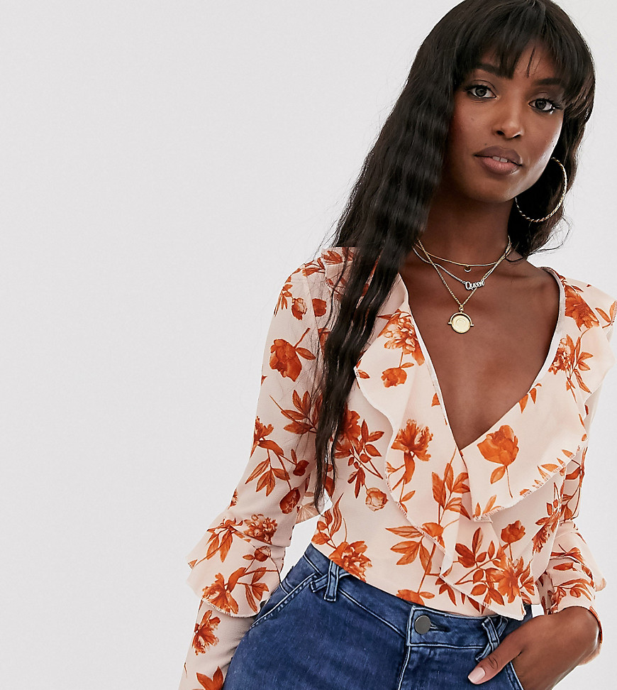 Missguided Tall wrap front bodysuit in floral-Multi
