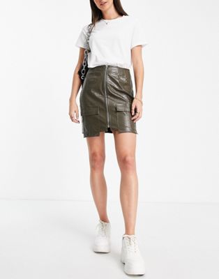 Missguided Tall zip up faux croc skirt in khaki