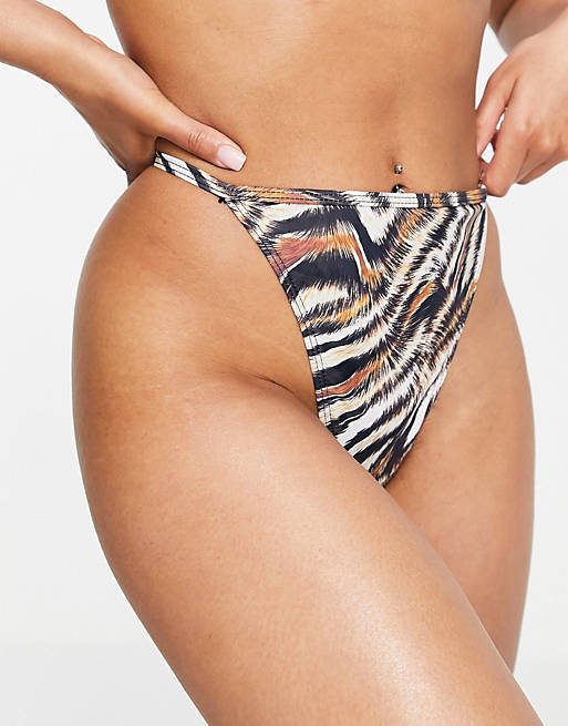 Missguided tanga bikini bottom in brown mixed zebra