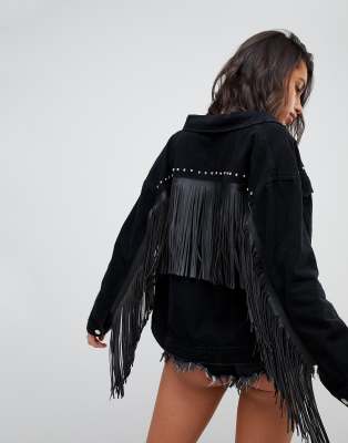 black denim jacket with tassels