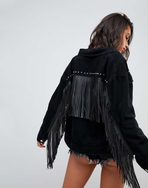 Black denim jacket with hot sale tassels