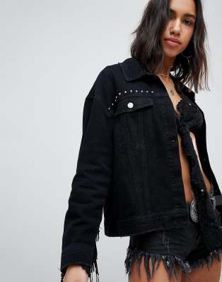 black denim jacket with tassels