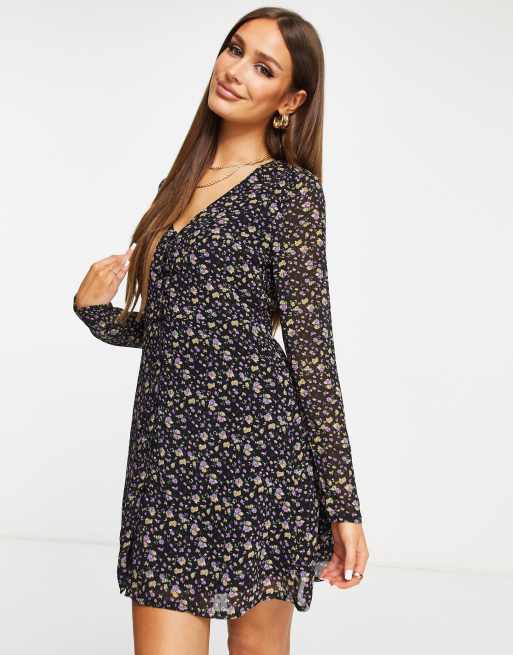 Missguided tea dress with long sleeve in black floral | ASOS