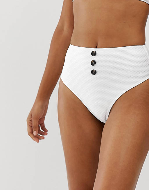Missguided textured high waisted bikini bottoms with button detail in white