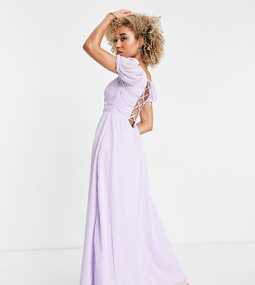 Missguided textured milkmaid midaxi dress with lace-up back in lilac-Purple