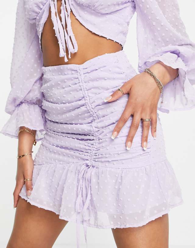 Missguided textured mini skirt with ruched detail in lilac - part of a set