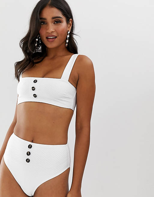 Missguided textured square beck bikini top with button detail in white