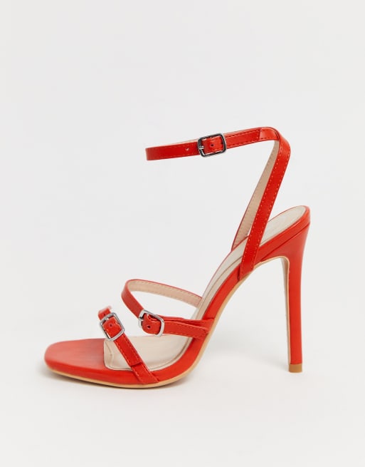 Missguided three strap barely there heeled sandal with buckle detail in red