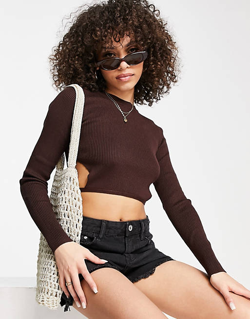 Missguided tie back crop top in chocolate
