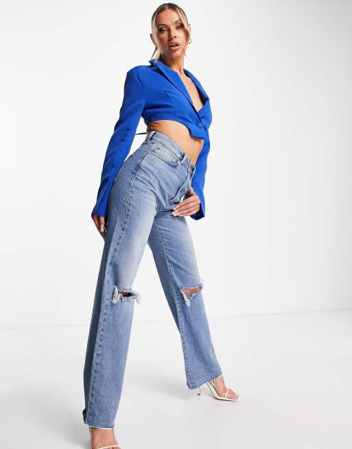 Missguided tie back cropped blazer with asymmetric hem in blue | ASOS