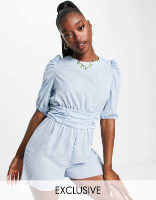 Shop Missguided tie back playsuit with puff sleeves in blue Online – Trendy & Affordable Fashion