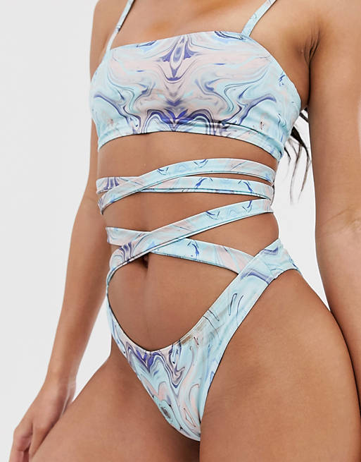 Missguided tie bikini bottoms in swirl print