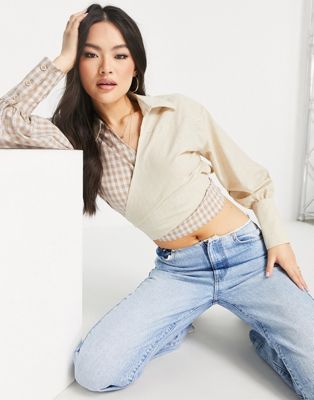 Missguided tie front crop shirt in cream check