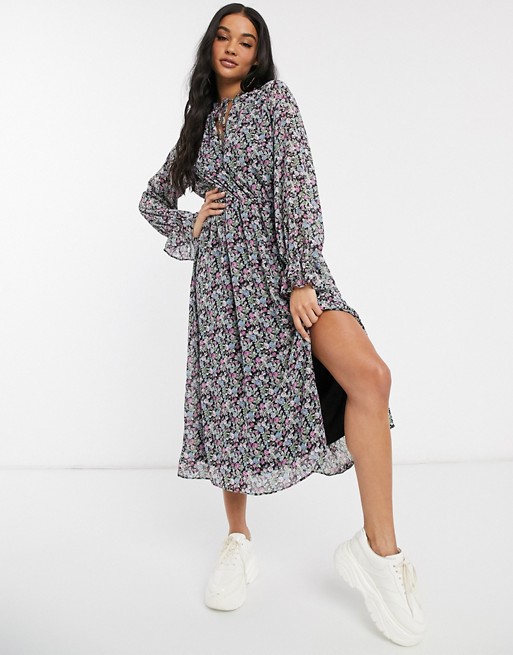 Missguided tie front keyhole midi dress in floral