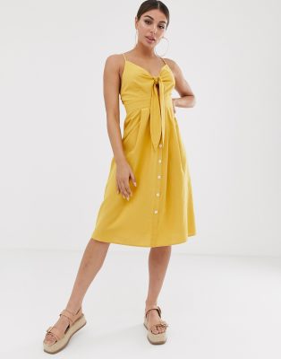 yellow button front midi dress