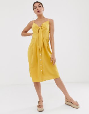 yellow button front midi dress